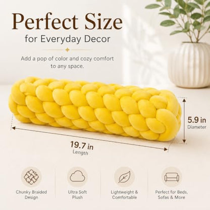 Chunky Braided Plush Bolster Pillow - Long Round Decorative Cushion for Sofa Bed Chair