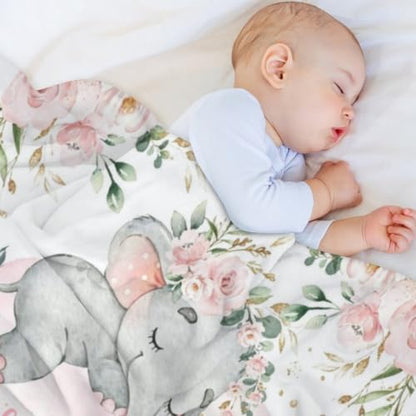 Personalized Baby Blanket with Name - Elephant Floral Watercolor - Watercolor A-01