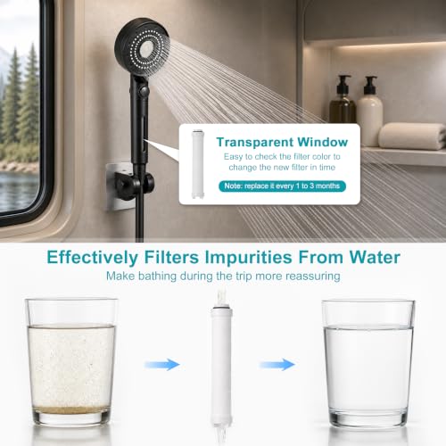 Handheld Filter RV Shower Head with Hose - Black, 5 Spray Modes, Water Saving