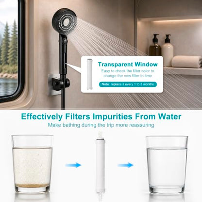 Handheld Filter RV Shower Head with Hose - Black, 5 Spray Modes, Water Saving