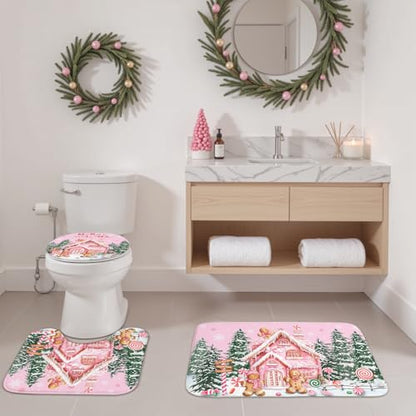 Christmas Shower Curtain Set Pink Gingerbread Holiday Bathroom Decor - 4 Pieces