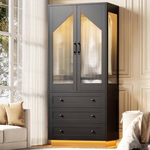 Gyfimoie Tall Armoire Wardrobe Closet with 2 Doors and 3 Drawers - Black Variation