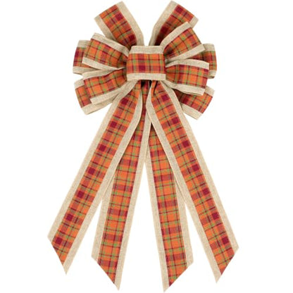 Large Fall Plaid Burlap Wreath Bow - Orange Autumn Door Decor