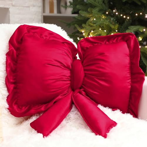 Large Christmas Red Bow Throw Pillow 18x16 Inch Decorative Holiday Cushion
