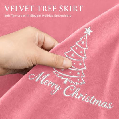 Pink Velvet Christmas Tree Skirt 48 Inch Snowflake Embroidery Holiday Decor - Variation of Tree Pink / 48 inch