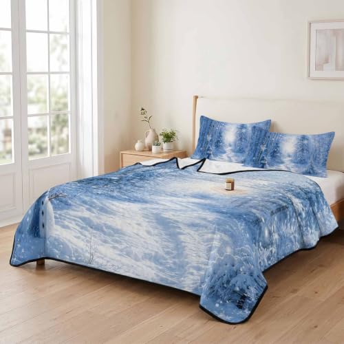RisQiten Full Size Reversible Quilt Bedding Set with Snowman & Xmas Trees - White Blue, 3 Pieces