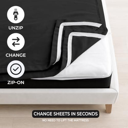 Queen Zip-On Fitted Bed Sheet Set 600 TC Egyptian Cotton Black - 18" Deep