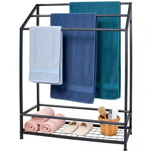 Hjarta 26 Inch Free Standing Towel Rack with 3 Bars and Shelf