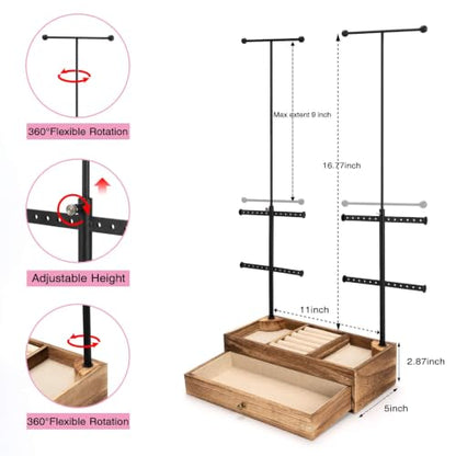 Emfogo Rustic Brown 6-Tier Jewelry Organizer Stand with Adjustable Necklace Holder