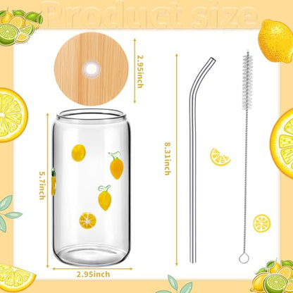 Lemon Icon Glass Tumblers Set with Lids & Straws - 4 Pack, 17 oz