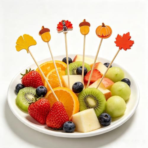 Thanksgiving Fall Cocktail Toothpicks 100 Pack Natural Bamboo Food Skewers