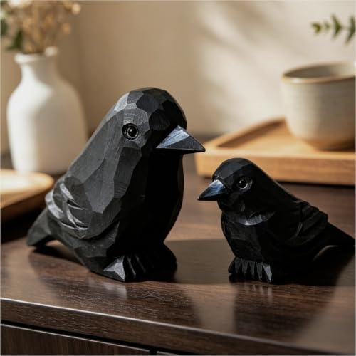 Hand-Carved Wooden Raven & Crow Figurine Set - Gothic Home Decor