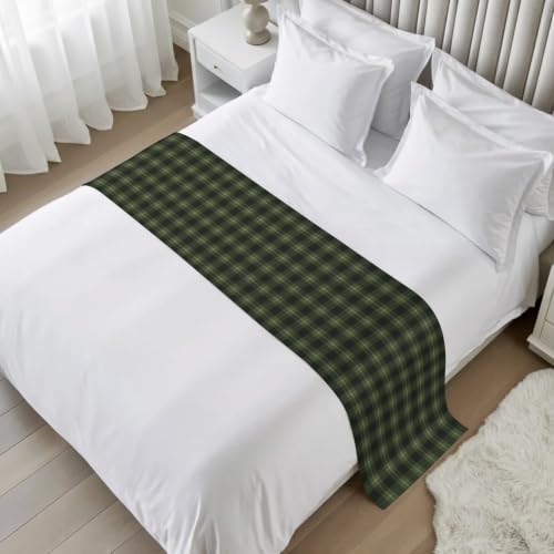 94x20 Inch King Size Satin Bed Runner Scarf - Green Black Buffalo Plaid Checkered