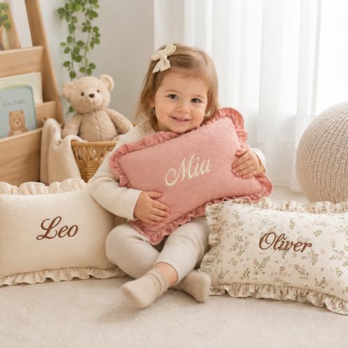 Personalized Nursery Name Pillow with Ruffle Edge - Custom Embroidered Toddler Cushion