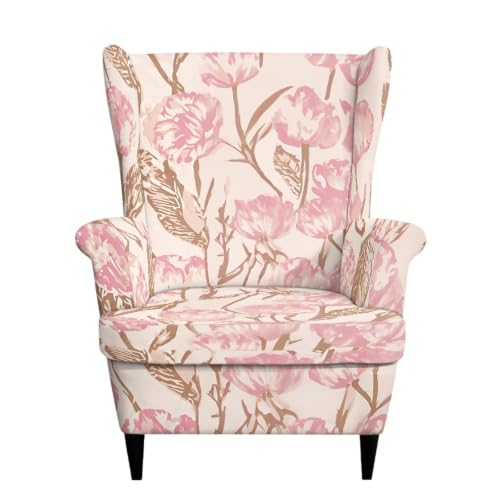Pink Floral Stretch Wingback Chair Cover Set of 2 - Slipcovers for Living Room