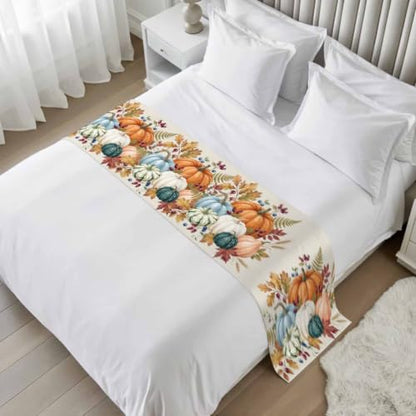 Fall Pumpkin Bed Runner for King Size Bed - 94x20 Inches, Orange, Beige, Green, Farmhouse Decor
