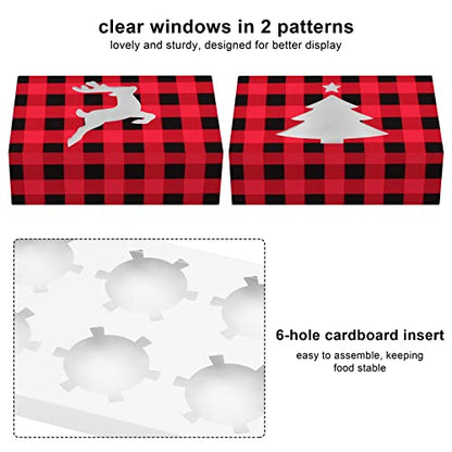 Christmas Cupcake Boxes with Windows - Red and Black Plaid, 10x6.3x3 Inches, Pack of 30