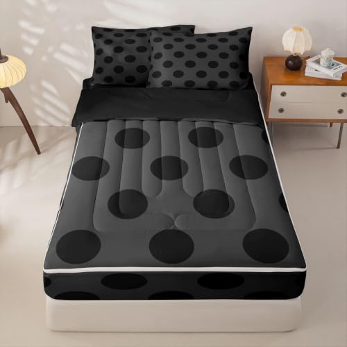 Kids Zipper Bedding Set Twin Size Black & Grey Polka Dots with Pillowcases