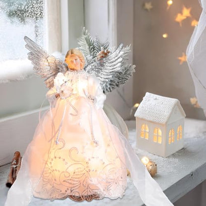 White Lighted Christmas Tree Topper Angel with 8 Lighting Modes - Elegant Holiday Decor