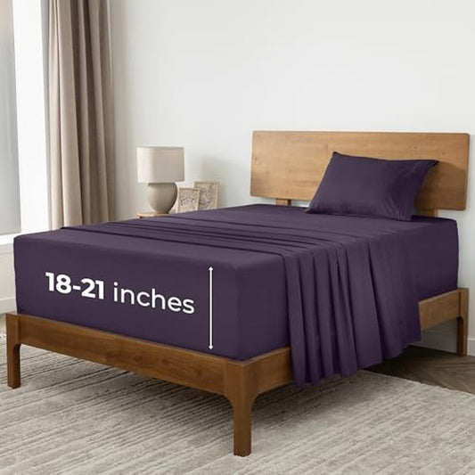 Mellanni Extra Deep Twin Sheets - 3 PC Iconic Collection Bedding - Hotel Luxury, Ultra Soft, Cooling Bed Sheets - Wrinkle, Fade, Stain Resistant (Twin, Purple)