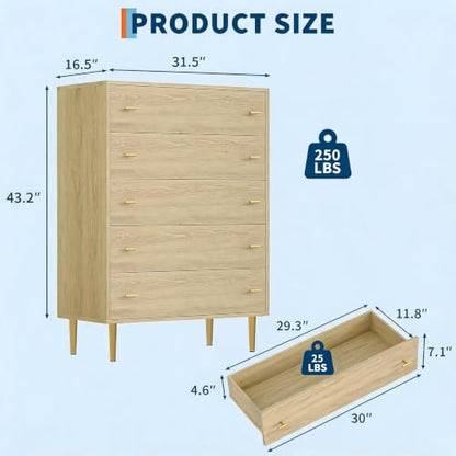 5-Drawer Dresser for Bedroom, 44" Wide, Natural Wood Grain with Gold Handles (31.5"D x 15.6"W x 43.2"H) — 5 Deep Drawers