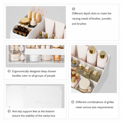 Extra Large Makeup Organizer with 3 Drawers & Brush Holder - White Clear Variation