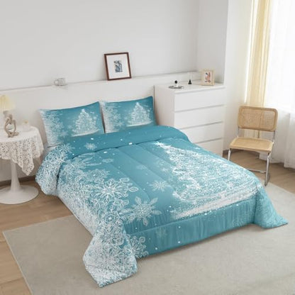 Queen Size Christmas Comforter Set with Glitter Xmas Trees & Stars - Blue Shiny Holiday Bedding with Pillowcases - Variation 07