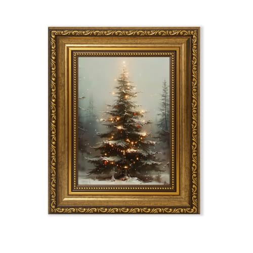 Christmas Tree Wall Art Canvas with Gold Frame - Snowy Forest Scene, 10x8 Inches - Holiday Decor
