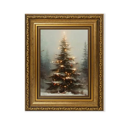 Christmas Tree Wall Art Canvas with Gold Frame - Snowy Forest Scene, 10x8 Inches - Holiday Decor