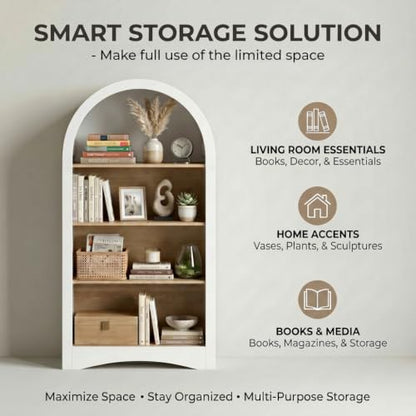 White Natural Particle Board MDF 4-Tier Corner Storage Shelves - Arched Wall Bookshelf