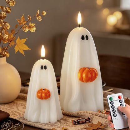 Halloween Ghost Flameless Candles with Pumpkin, Remote Control, Real Wax, Battery Operated Decor