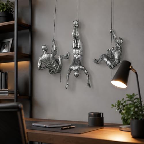 Silver Climbing Men Wall Art Sculpture - Modern Home & Office Decor - Set of 3