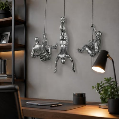 Silver Climbing Men Wall Art Sculpture - Modern Home & Office Decor - Set of 3