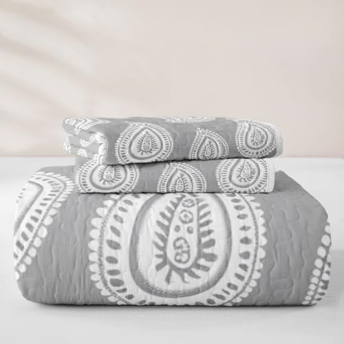 Gray Queen Size Quilted Bedspread Set with 2 Pillowcases - Manfei