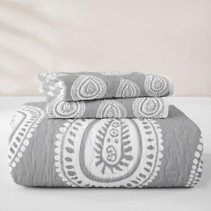 Gray Queen Size Quilted Bedspread Set with 2 Pillowcases - Manfei