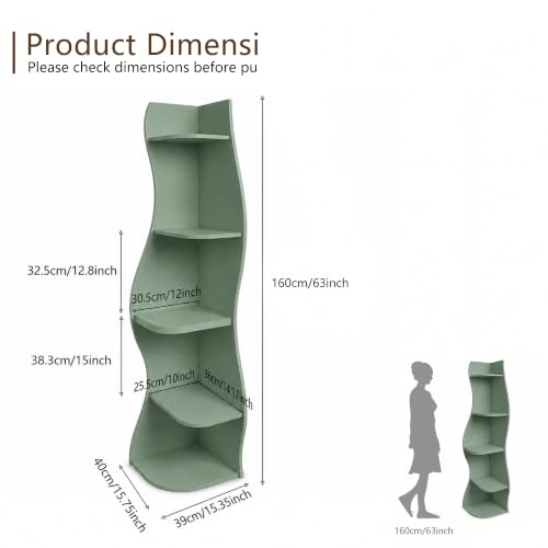 Small Wavy Corner Shelf - Modern 5-Tier Wall Corner Bookshelf in Sage Green
