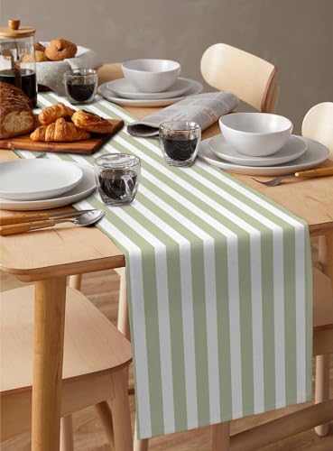Sage Green Striped Cotton Linen Table Runner 13x72 Inch - Modern Farmhouse Decor
