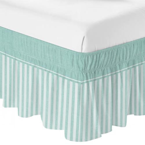 Queen Size Teal Green Striped Bed Skirt - 16 Inch Drop, Adjustable Elastic Dust Ruffle