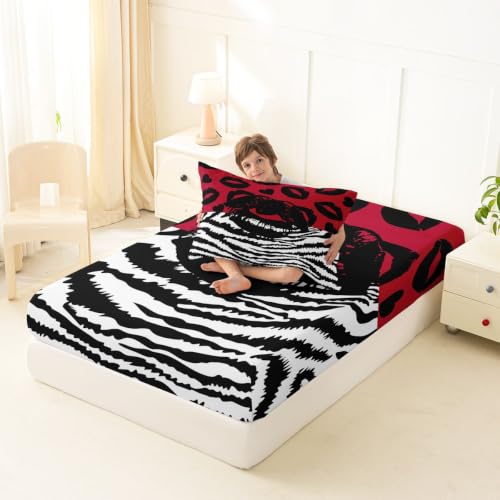 Red Black Zebra Print Twin Fitted Sheet with Pillowcase - Deep 16-Inch Pockets