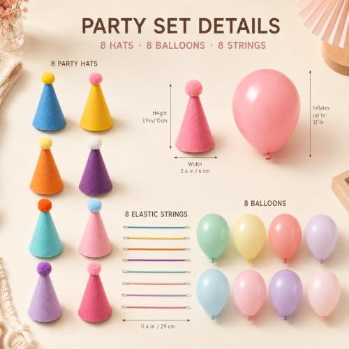 Mini Party Hats with Balloons for Stuffed Animals - Felt Pom Poms, 12" Latex