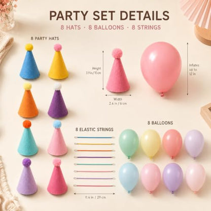 Mini Party Hats with Balloons for Stuffed Animals - Felt Pom Poms, 12" Latex