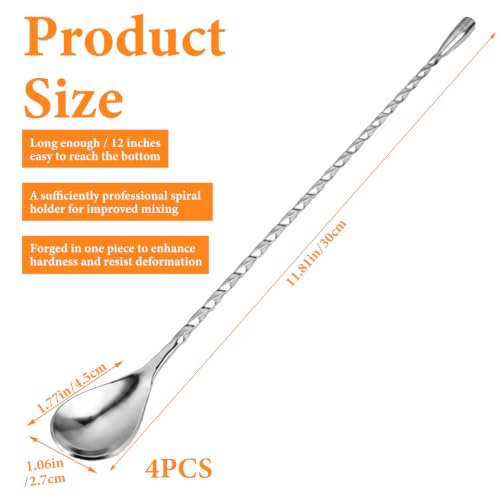 12 Inch Stainless Steel Bar Spoon Set for Cocktails and Drinks - 4 Pack