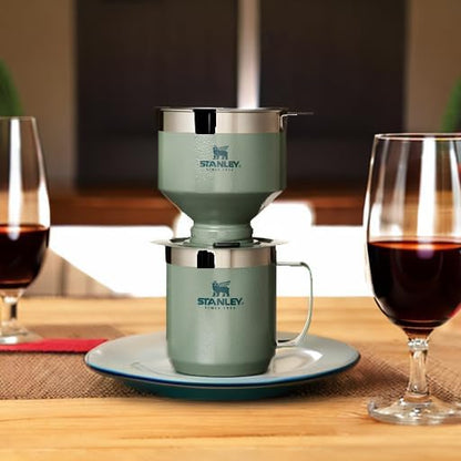 STANLEY Perfect Brew Pour Over Set - 12 oz Insulated Camp Mug with Lid & Reusable Filter | BPA-Free Hammertone Green