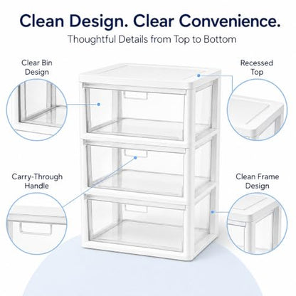 White 3-Drawer Plastic Storage Tower with Removable Clear Bins - Wide Organizer