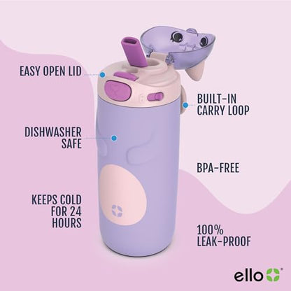 Ello Ellies 12oz Vacuum Insulated Stainless Steel Kids Water Bottle with Straw and Built-in Carrying Handle and Leak-Proof Locking Lid for School Backpack, Lunchbox and Outdoor Sports, Cat