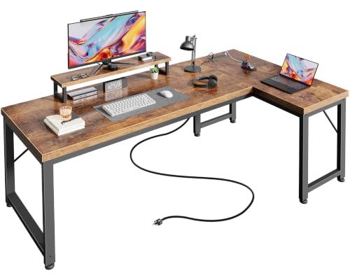 PRAISUN 53-Inch L Shaped Computer Desk with Outlets & Monitor Stand - Rustic Brown