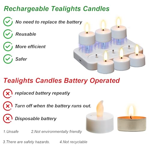 6 White Rechargeable LED Flickering Tea Lights with Remote - Eco-Friendly Candles