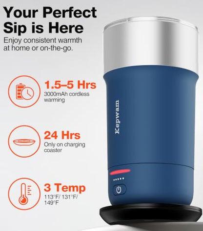 Kepwam Heated Coffee Mug 16oz with Steel Blue Finish - Temp Control, 3 Settings