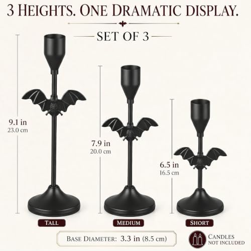 Halloween Bat Candle Holders Set - Black Taper Candle Holders with 3 Sizes - Bat Variation