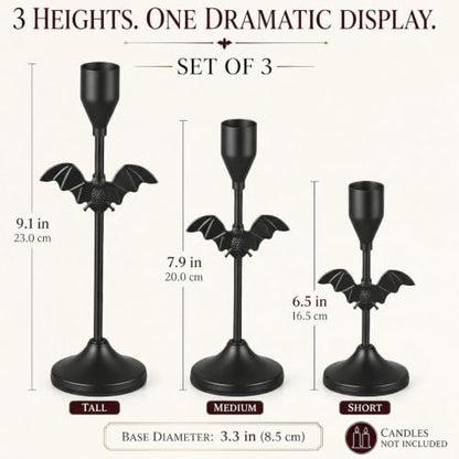 Halloween Bat Candle Holders Set - Black Taper Candle Holders with 3 Sizes - Bat Variation